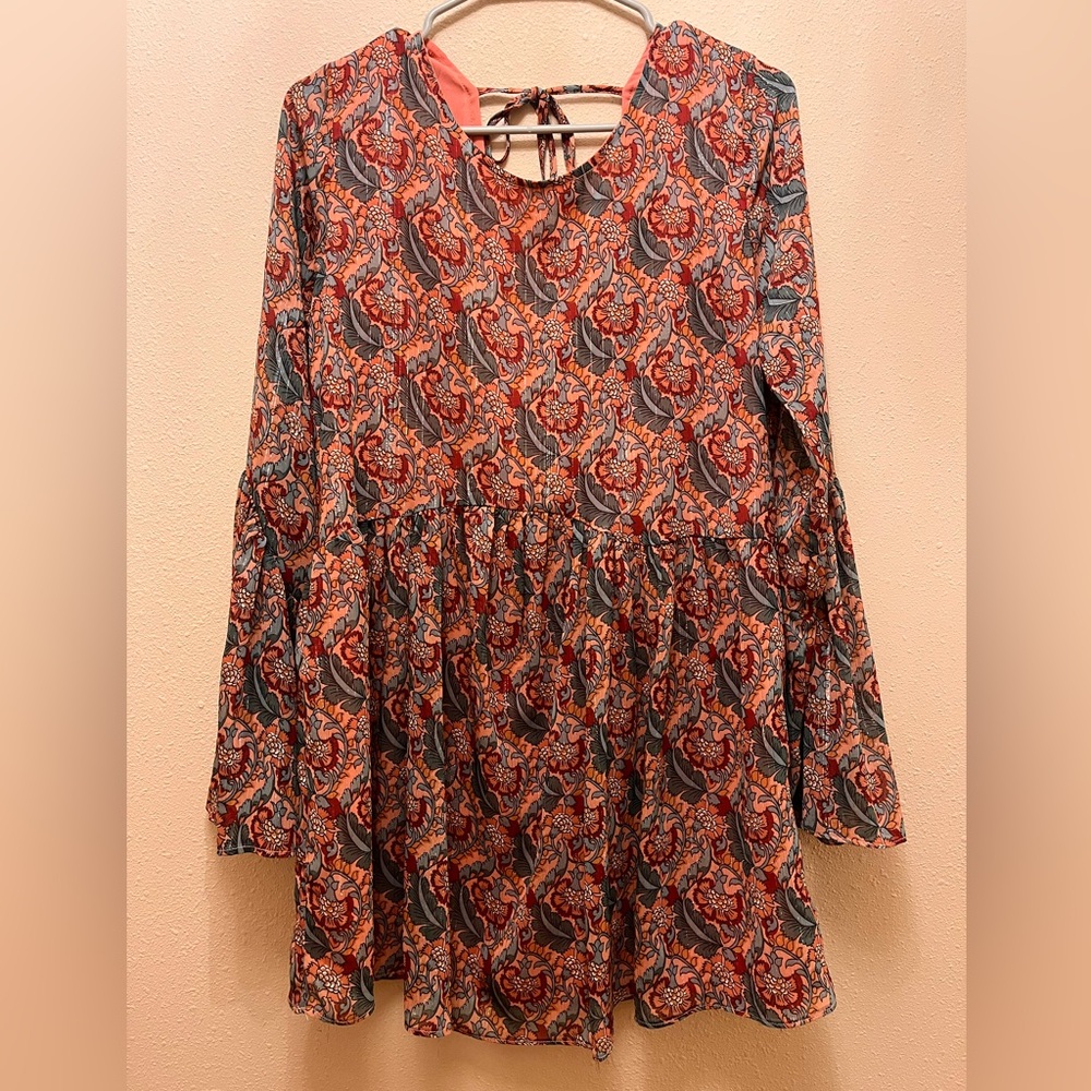 Buddy Love long sleeve pink and green paisley baby doll dress medium